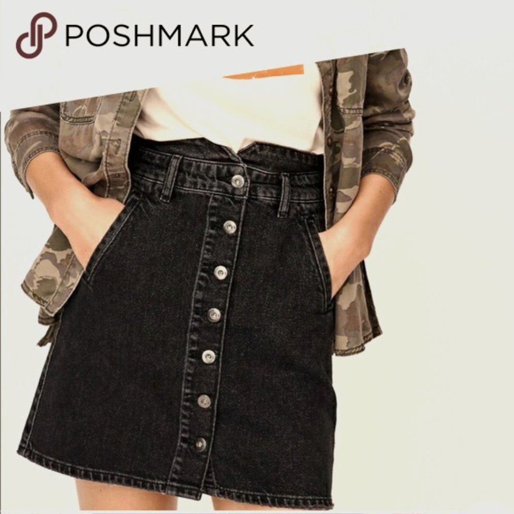 Anthropologie Pilcro Black Button Front Denim Jean Mini Skirt